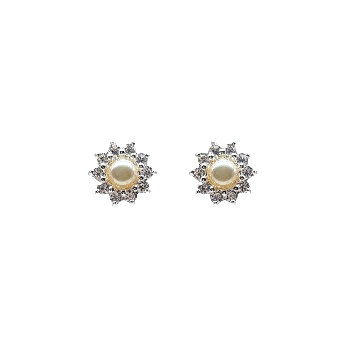 Freshwater Pearl and White CZ Cluster Stud Earrings Silver