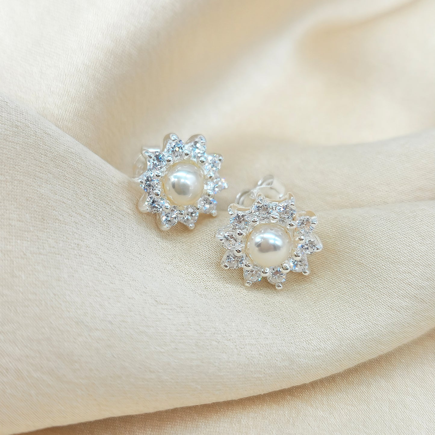 Freshwater Pearl and White CZ Cluster Stud Earrings Silver