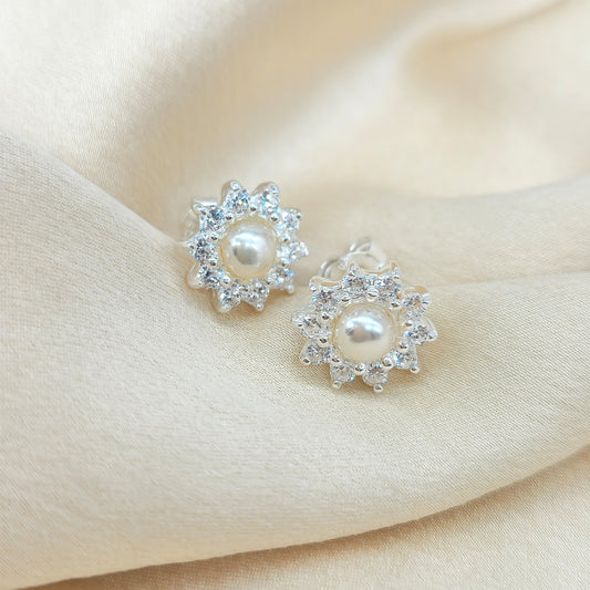 Freshwater Pearl and White CZ Cluster Stud Earrings Silver