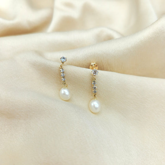Freshwater Pearl and CZ Drop Earrings Gold