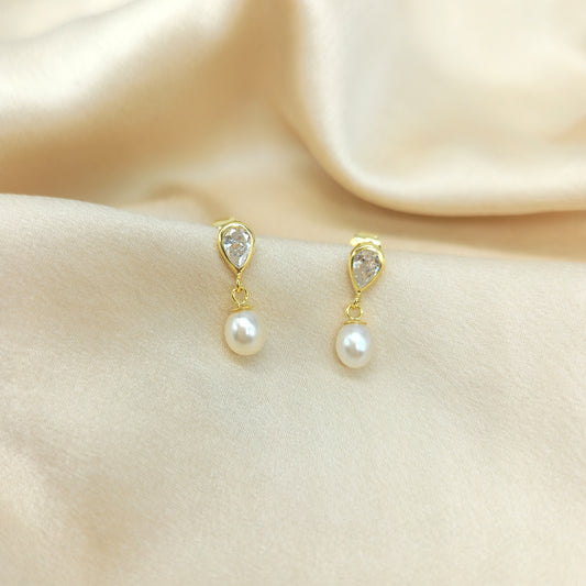 Freshwater Pearl and CZ Teardrop Earrings Gold