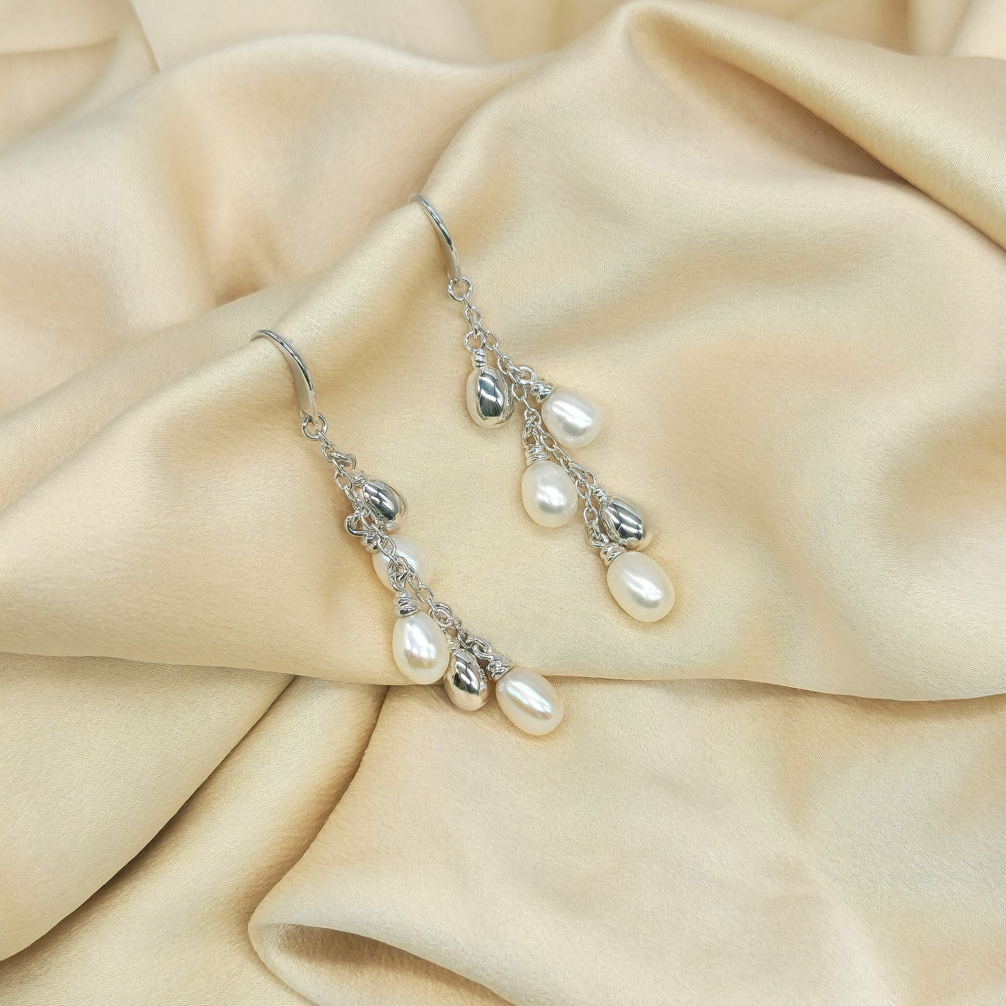 Freshwater Pearl and Silver Bead Drop Earring Silver