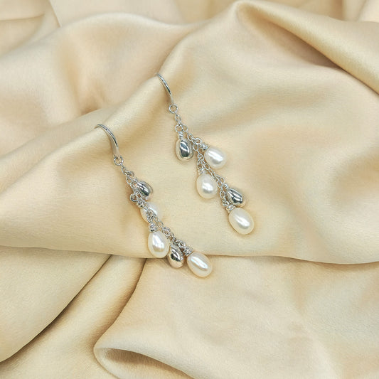 Freshwater Pearl and Silver Bead Drop Earring Silver