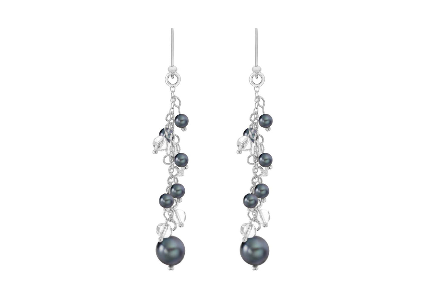 Freshwater Pearl Grey and Crystal Drop Earrings Silver