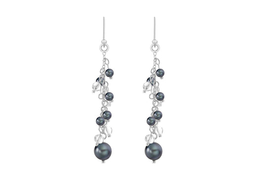 Freshwater Pearl Grey and Crystal Drop Earrings Silver