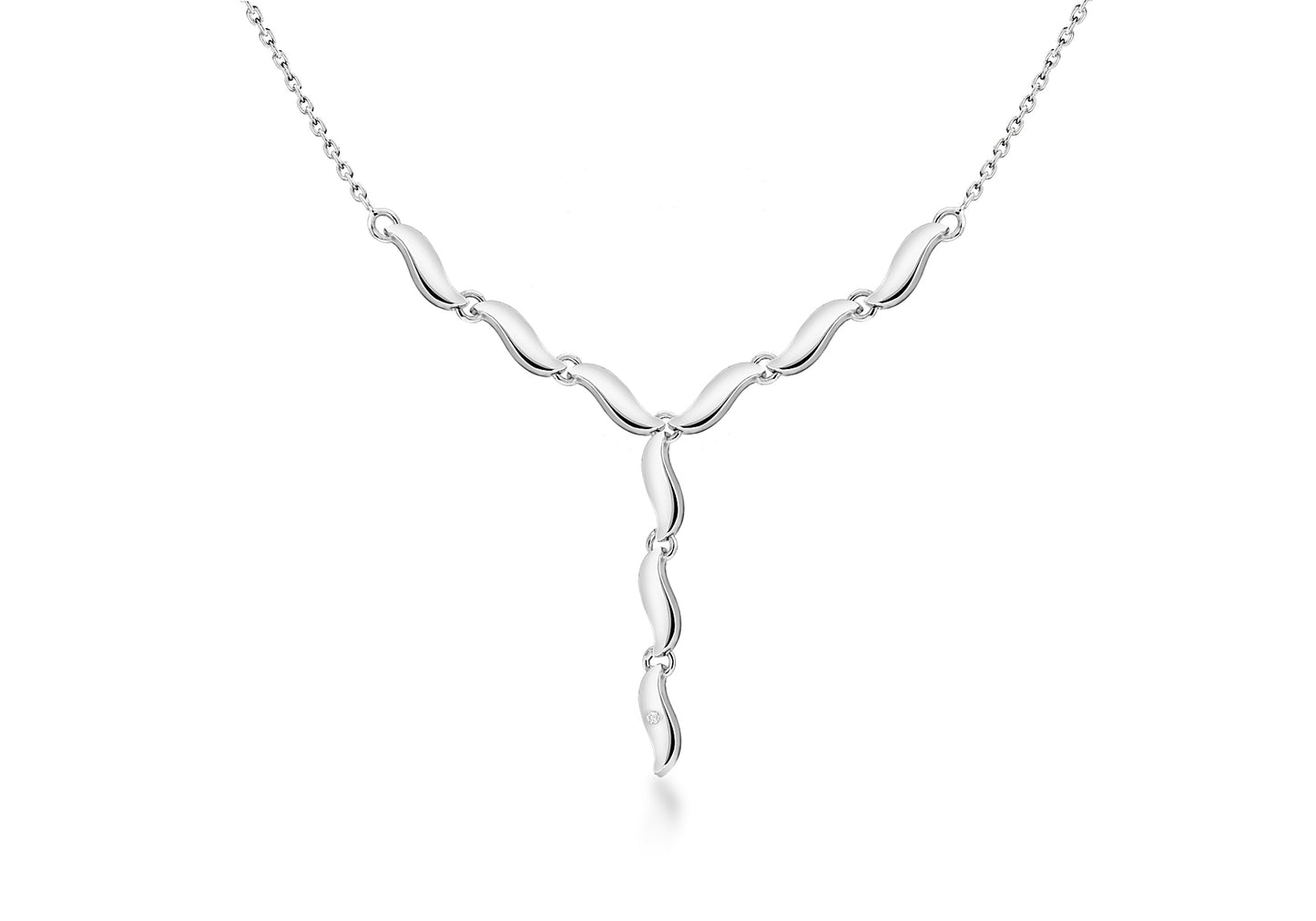 Wave Necklace with Small Diamond Silver Rhodium Plated
